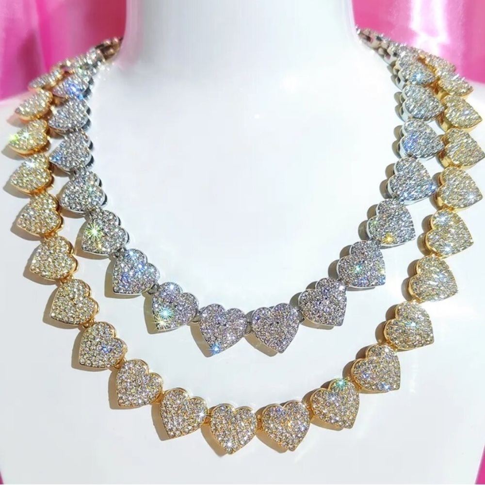 Gold Plated Heart Crystal Necklace Paved, Ice Out, Bling, Choker